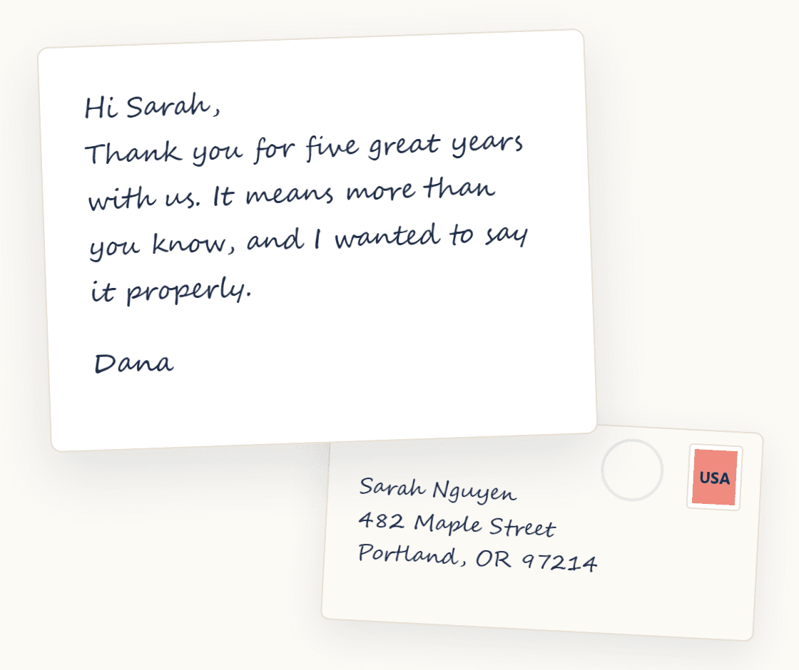 A handwritten Postaged card reading 'Hi Sarah, thank you for five great years with us', overlapping its handwritten envelope addressed to Sarah Nguyen in Portland